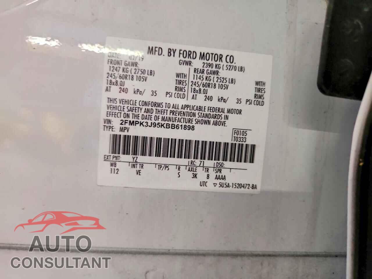 FORD EDGE 2019 - 2FMPK3J95KBB61898