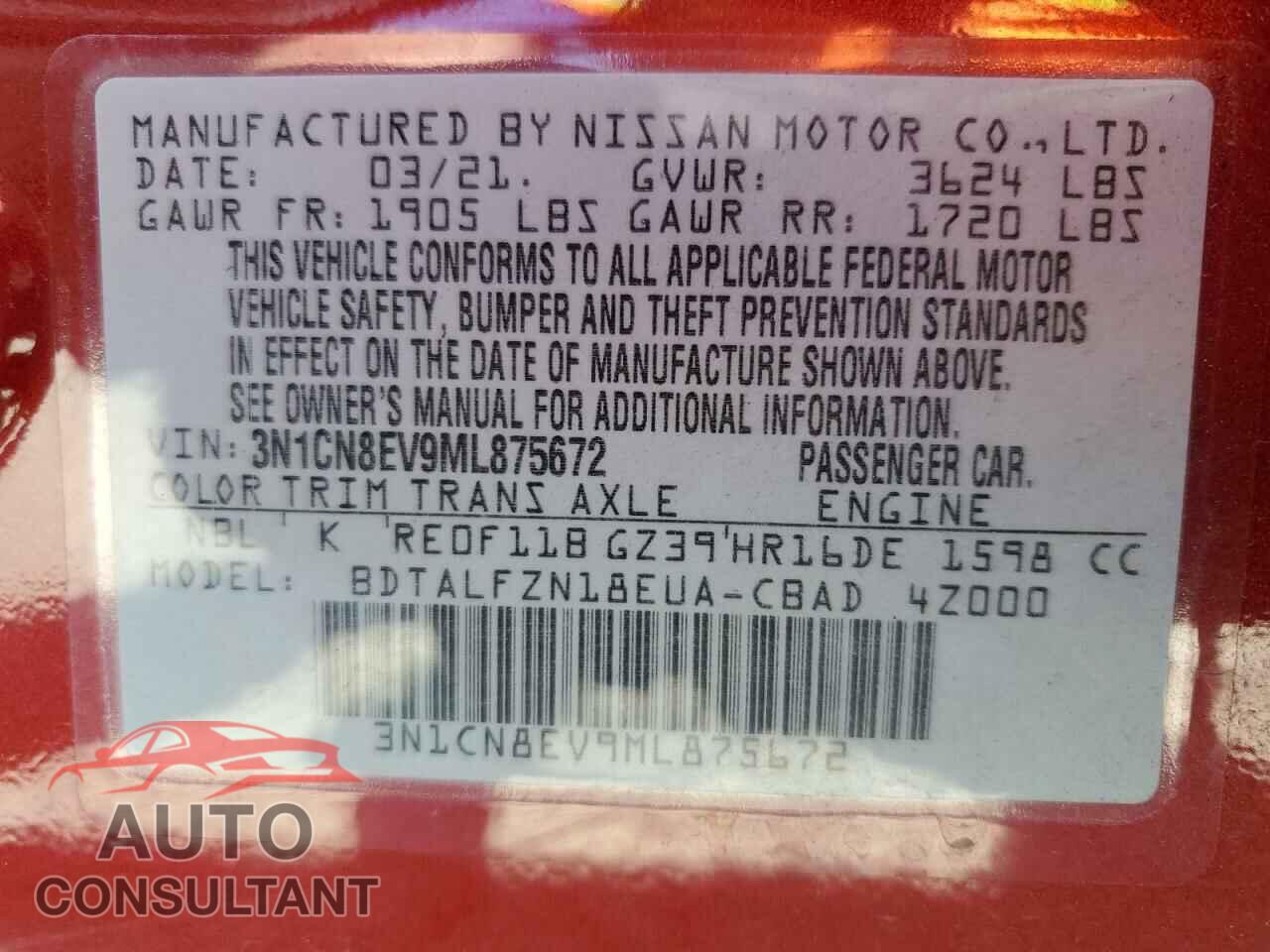 NISSAN VERSA 2021 - 3N1CN8EV9ML875672