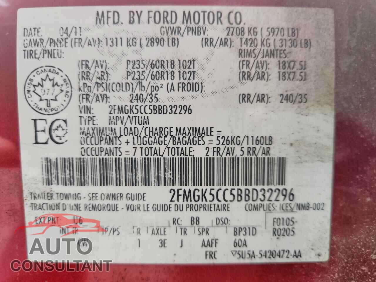FORD FLEX 2011 - 2FMGK5CC5BBD32296
