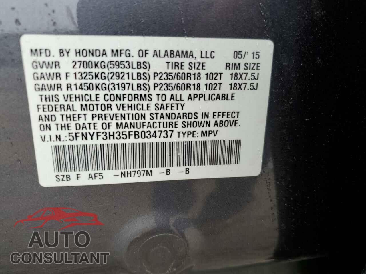 HONDA PILOT 2015 - 5FNYF3H35FB034737