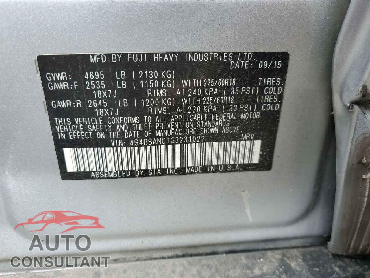 SUBARU OUTBACK 2016 - 4S4BSANC1G3231022