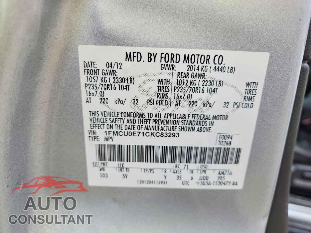 FORD ESCAPE 2012 - 1FMCU0E71CKC83293