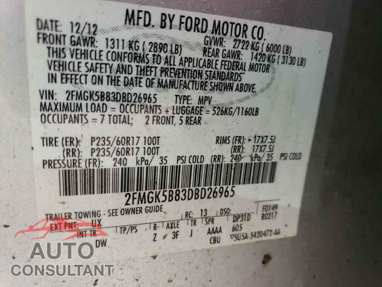 FORD FLEX 2013 - 2FMGK5B83DBD26965