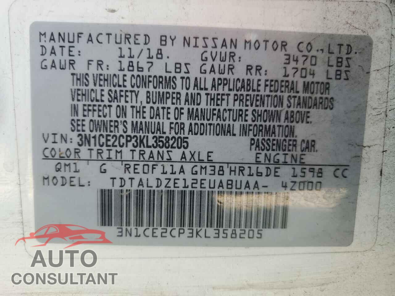 NISSAN VERSA 2019 - 3N1CE2CP3KL358205