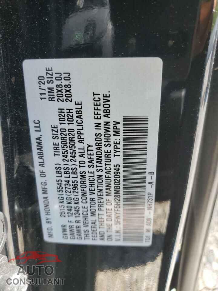 HONDA PILOT 2021 - 5FNYF5H28MB020945