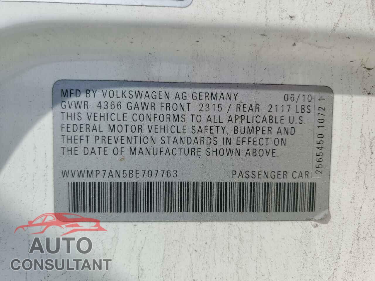 VOLKSWAGEN CC 2011 - WVWMP7AN5BE707763