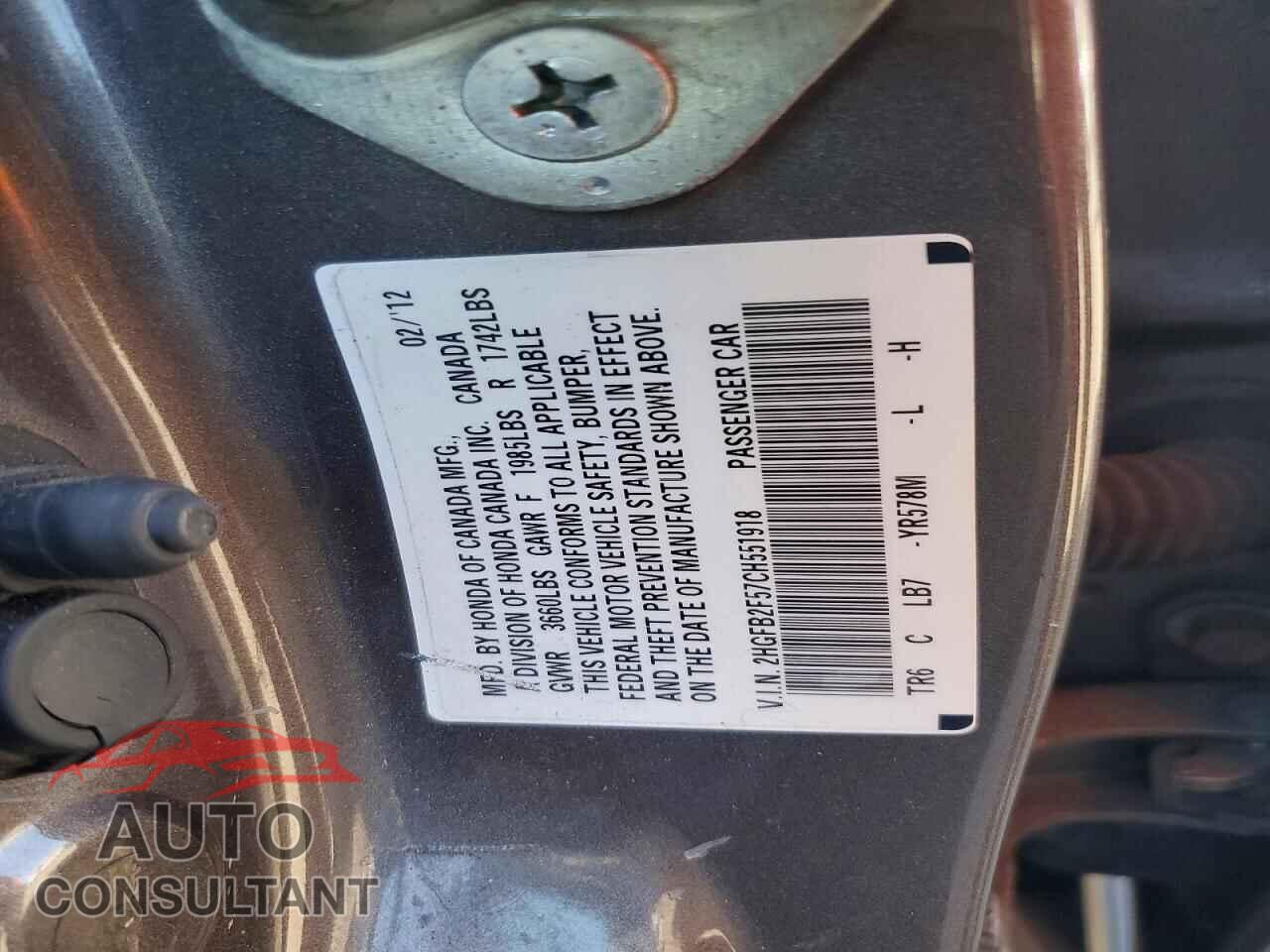 HONDA CIVIC 2012 - 2HGFB2F57CH551918