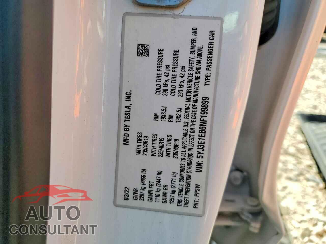 TESLA MODEL 3 2022 - 5YJ3E1EB6NF199899