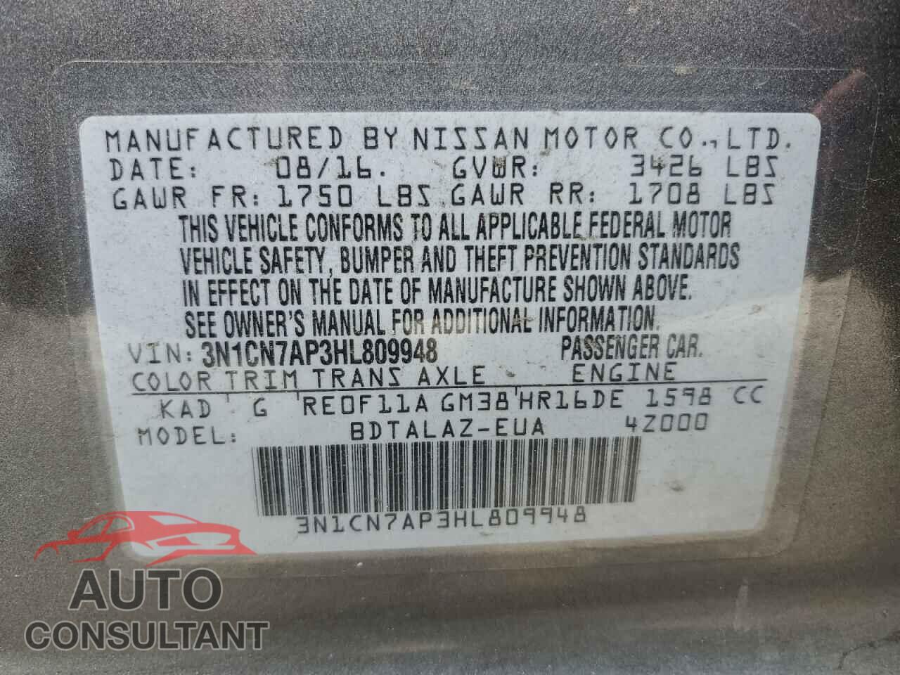 NISSAN VERSA 2017 - 3N1CN7AP3HL809948