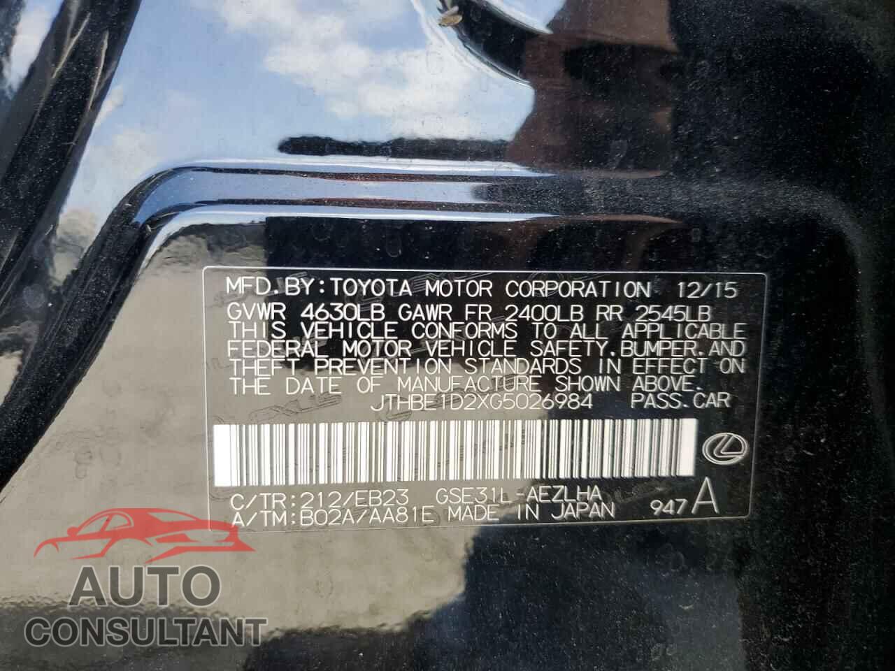 LEXUS IS 2016 - JTHBE1D2XG5026984