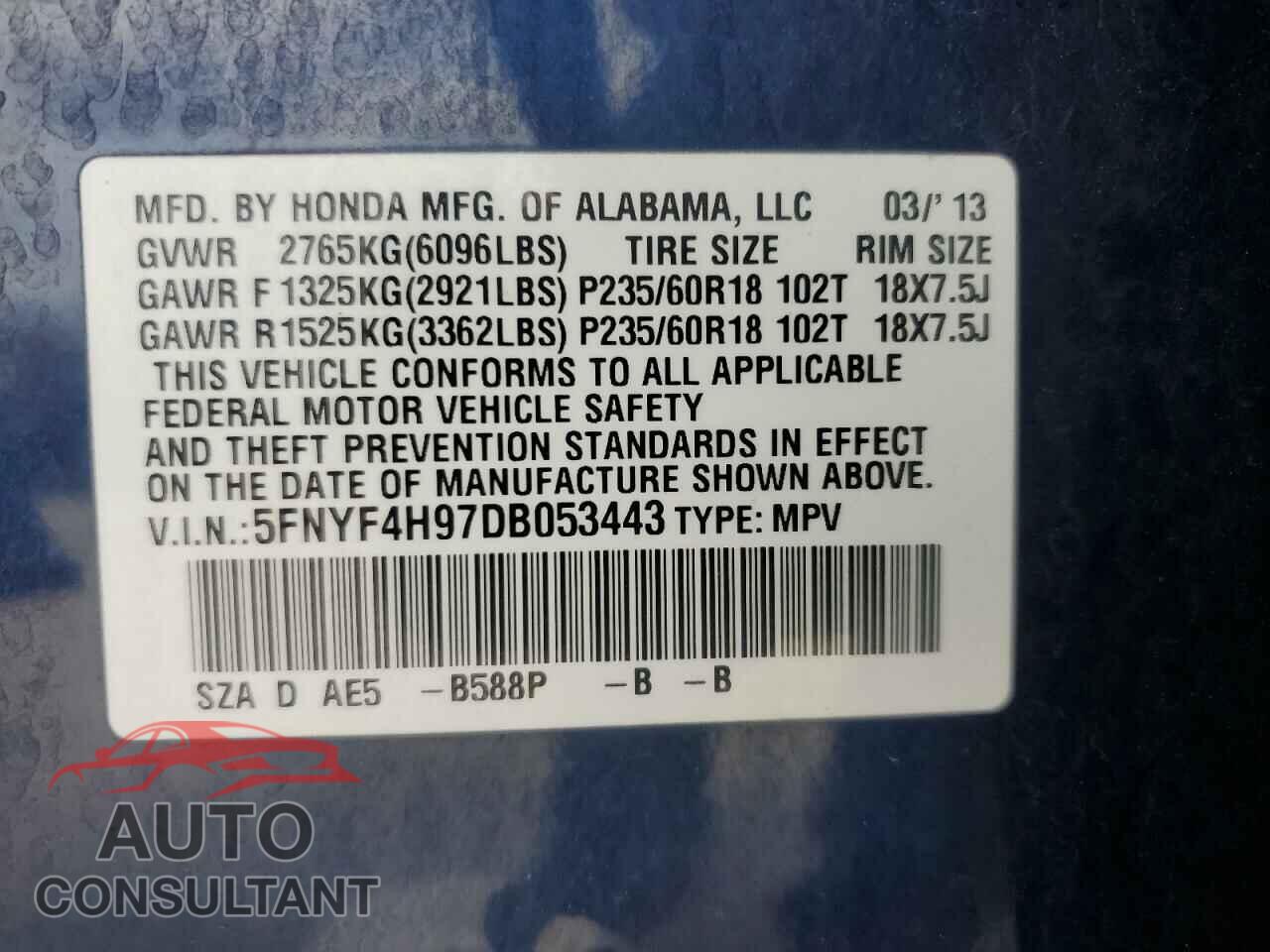 HONDA PILOT 2013 - 5FNYF4H97DB053443