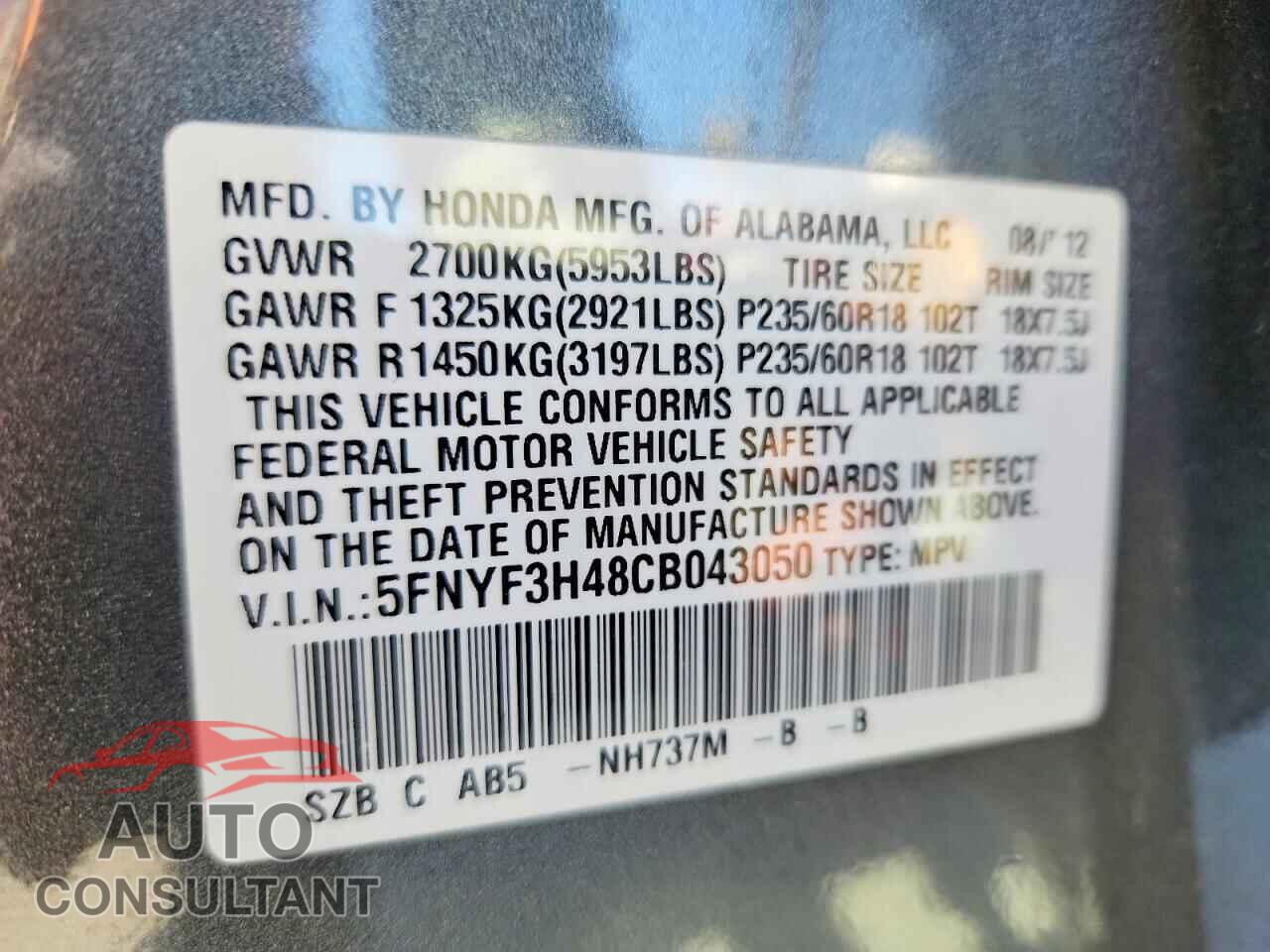 HONDA PILOT 2012 - 5FNYF3H48CB043050