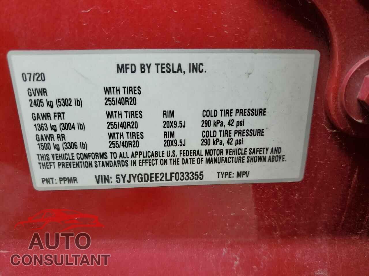 TESLA MODEL Y 2020 - 5YJYGDEE2LF033355