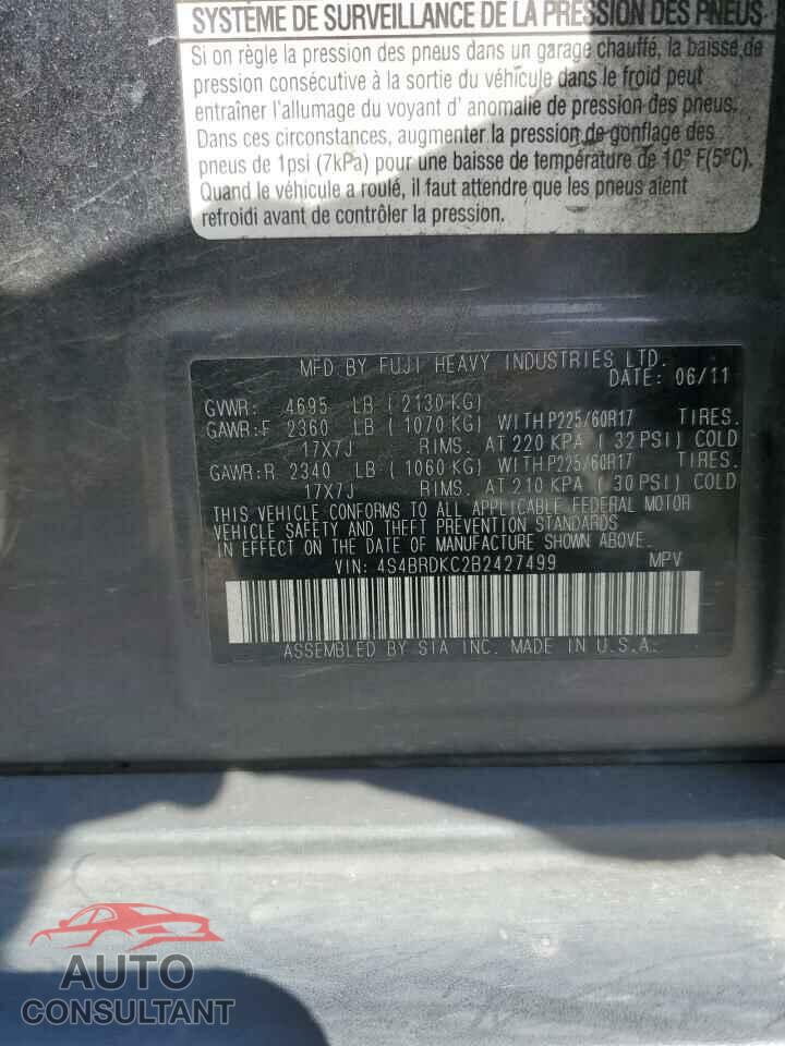 SUBARU OUTBACK 2011 - 4S4BRDKC2B2427499