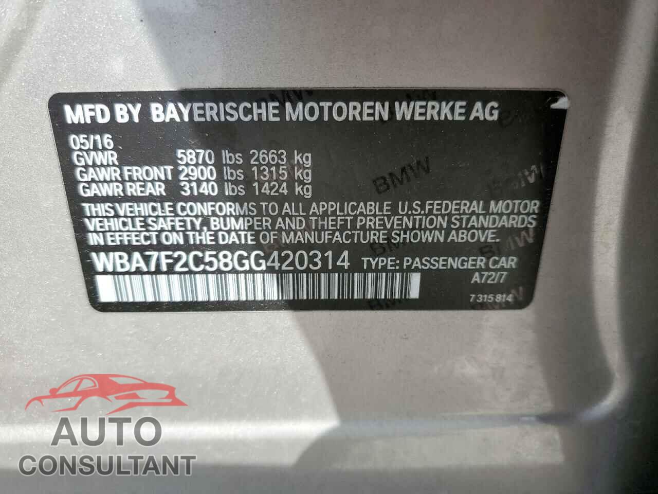 BMW 7 SERIES 2016 - WBA7F2C58GG420314