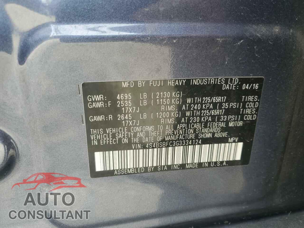 SUBARU OUTBACK 2016 - 4S4BSBFC3G3334124