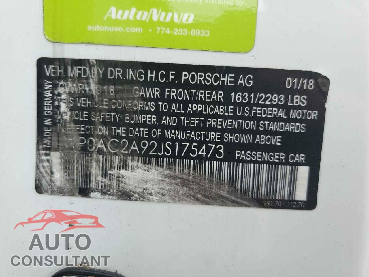 PORSCHE 911 2018 - WP0AC2A92JS175473