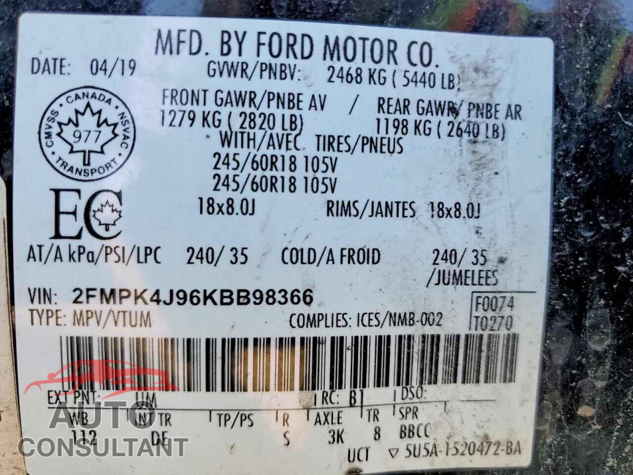 FORD EDGE 2019 - 2FMPK4J96KBB98366
