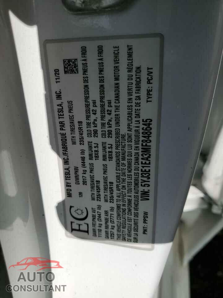 TESLA MODEL 3 2021 - 5YJ3E1EA3MF848645
