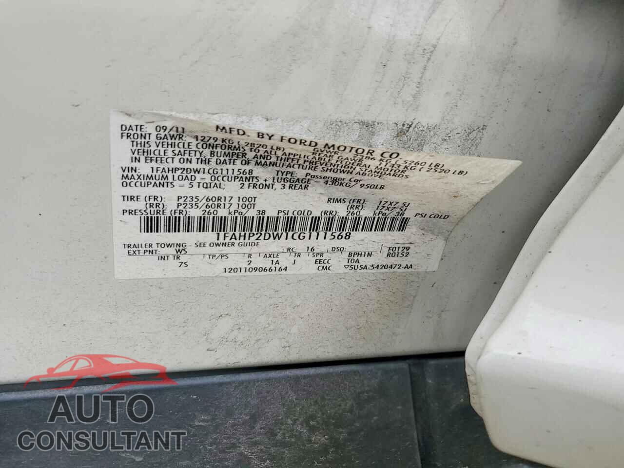 FORD TAURUS 2012 - 1FAHP2DW1CG111568
