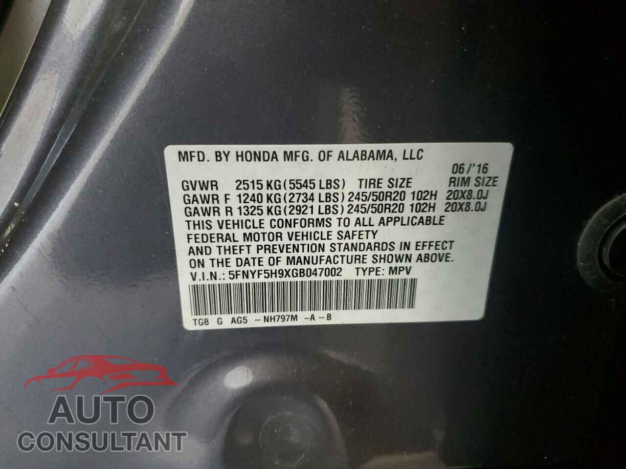 HONDA PILOT 2016 - 5FNYF5H9XGB047002