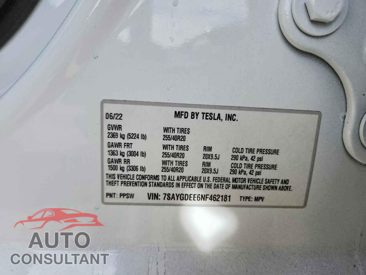 TESLA MODEL Y 2022 - 7SAYGDEE6NF462181