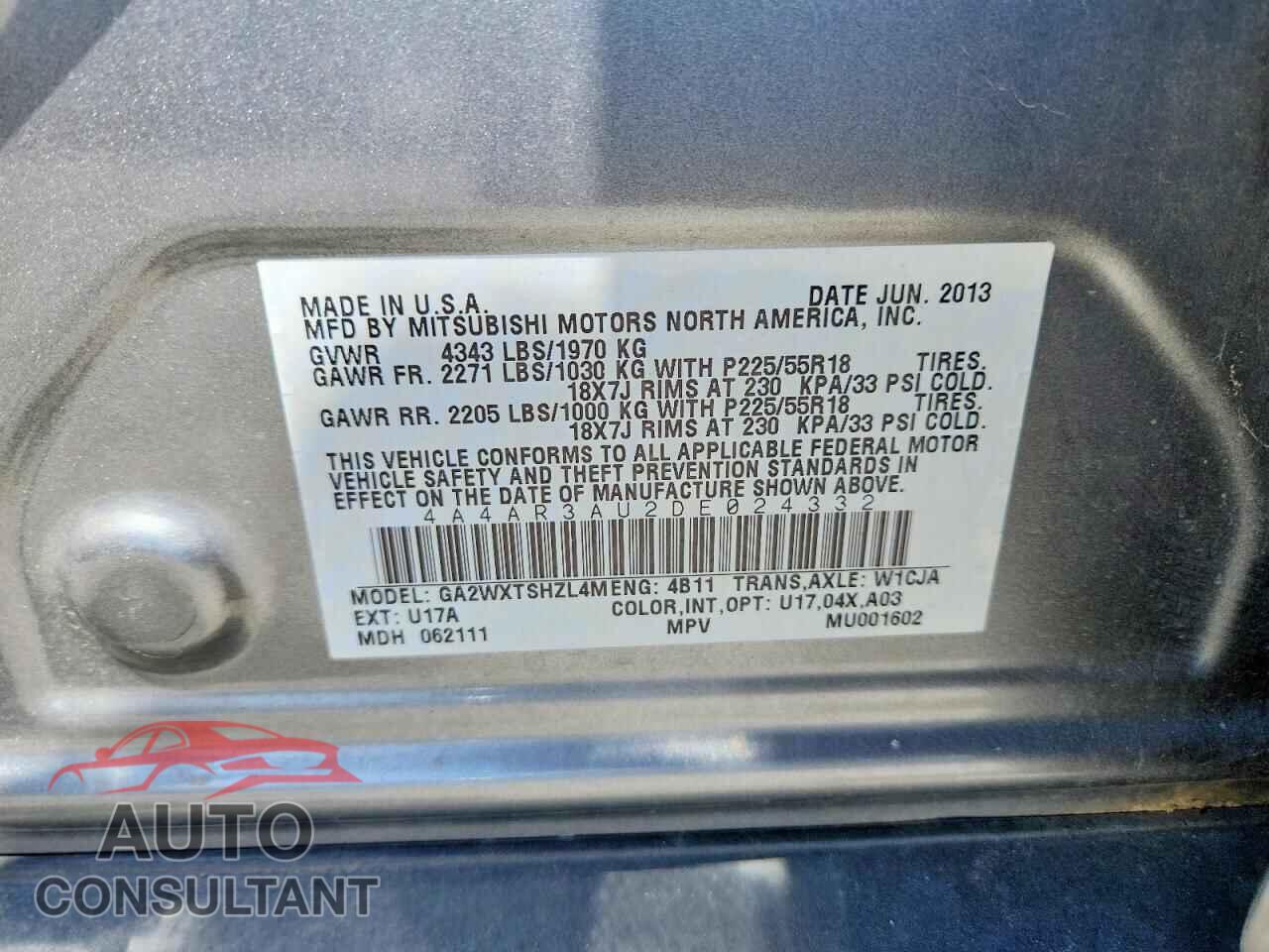 MITSUBISHI OUTLANDER 2013 - 4A4AR3AU2DE024332