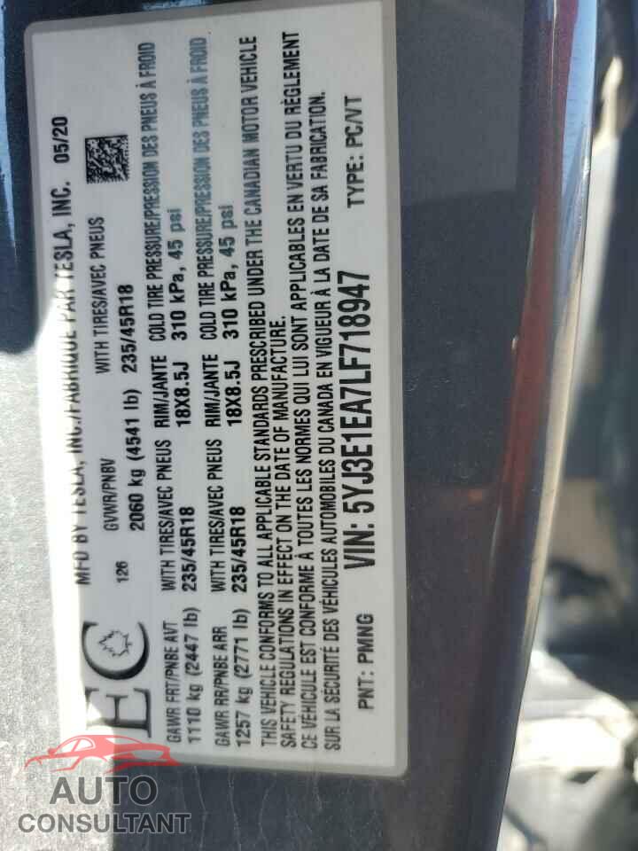 TESLA MODEL 3 2020 - 5YJ3E1EA7LF718947
