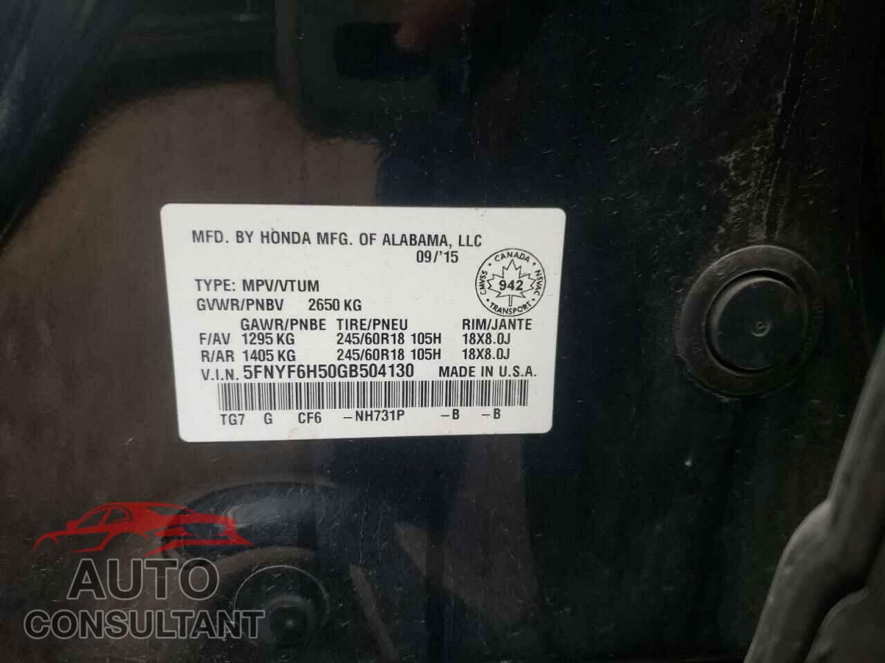 HONDA PILOT 2016 - 5FNYF6H50GB504130