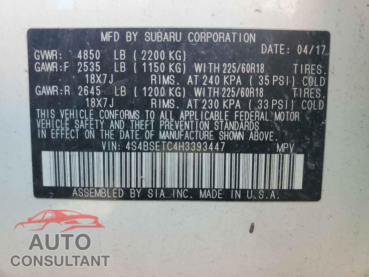 SUBARU OUTBACK 2017 - 4S4BSETC4H3393447