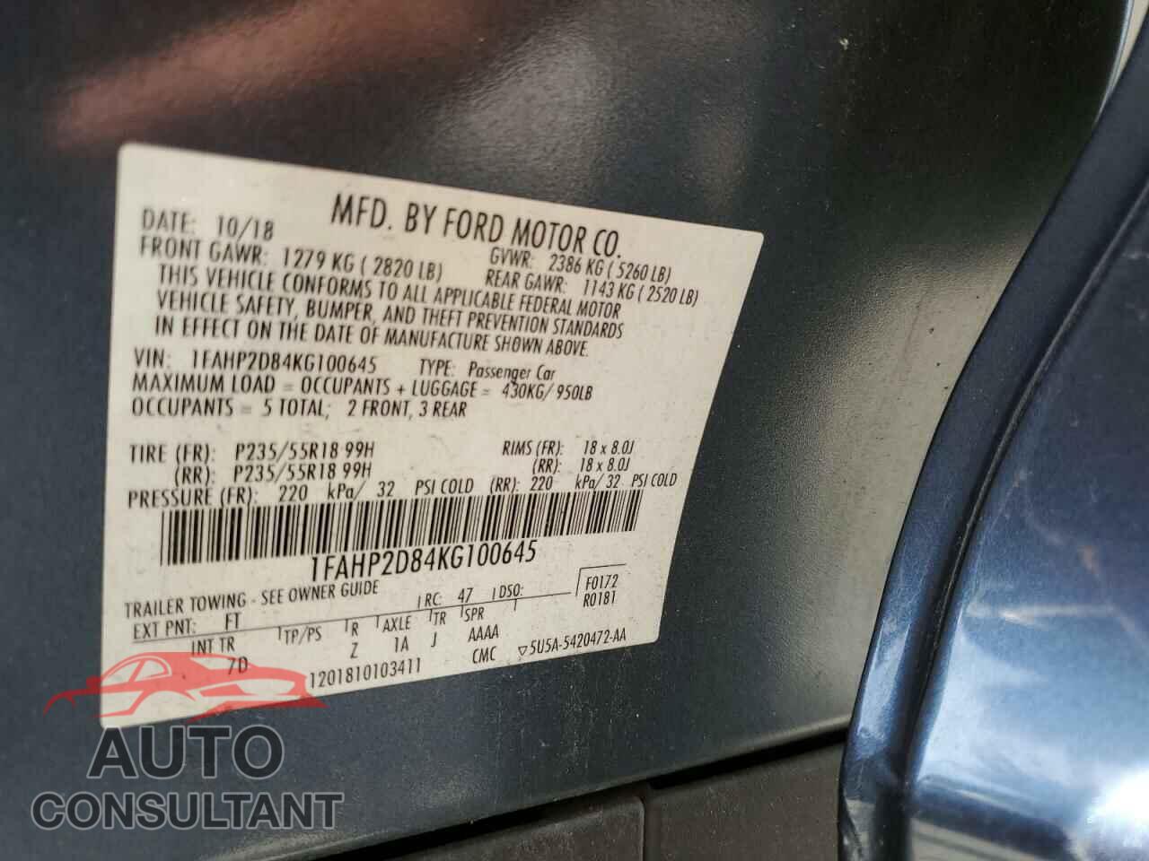FORD TAURUS 2019 - 1FAHP2D84KG100645