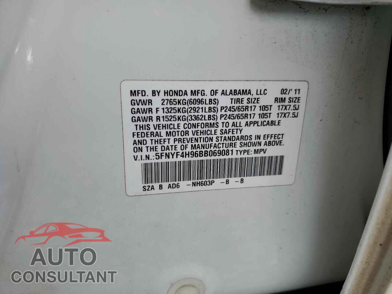HONDA PILOT 2011 - 5FNYF4H96BB069081