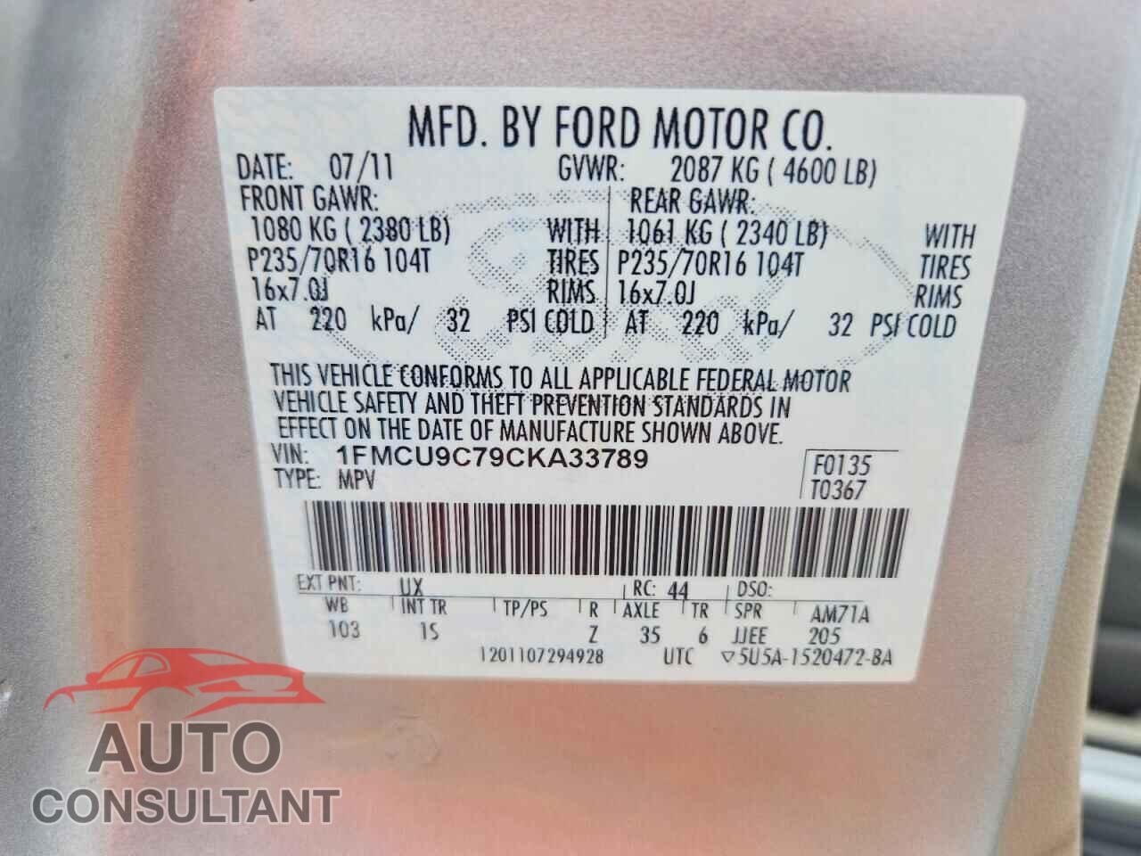 FORD ESCAPE 2012 - 1FMCU9C79CKA33789