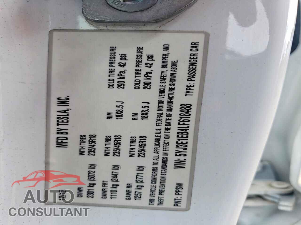 TESLA MODEL 3 2020 - 5YJ3E1EB4LF618488