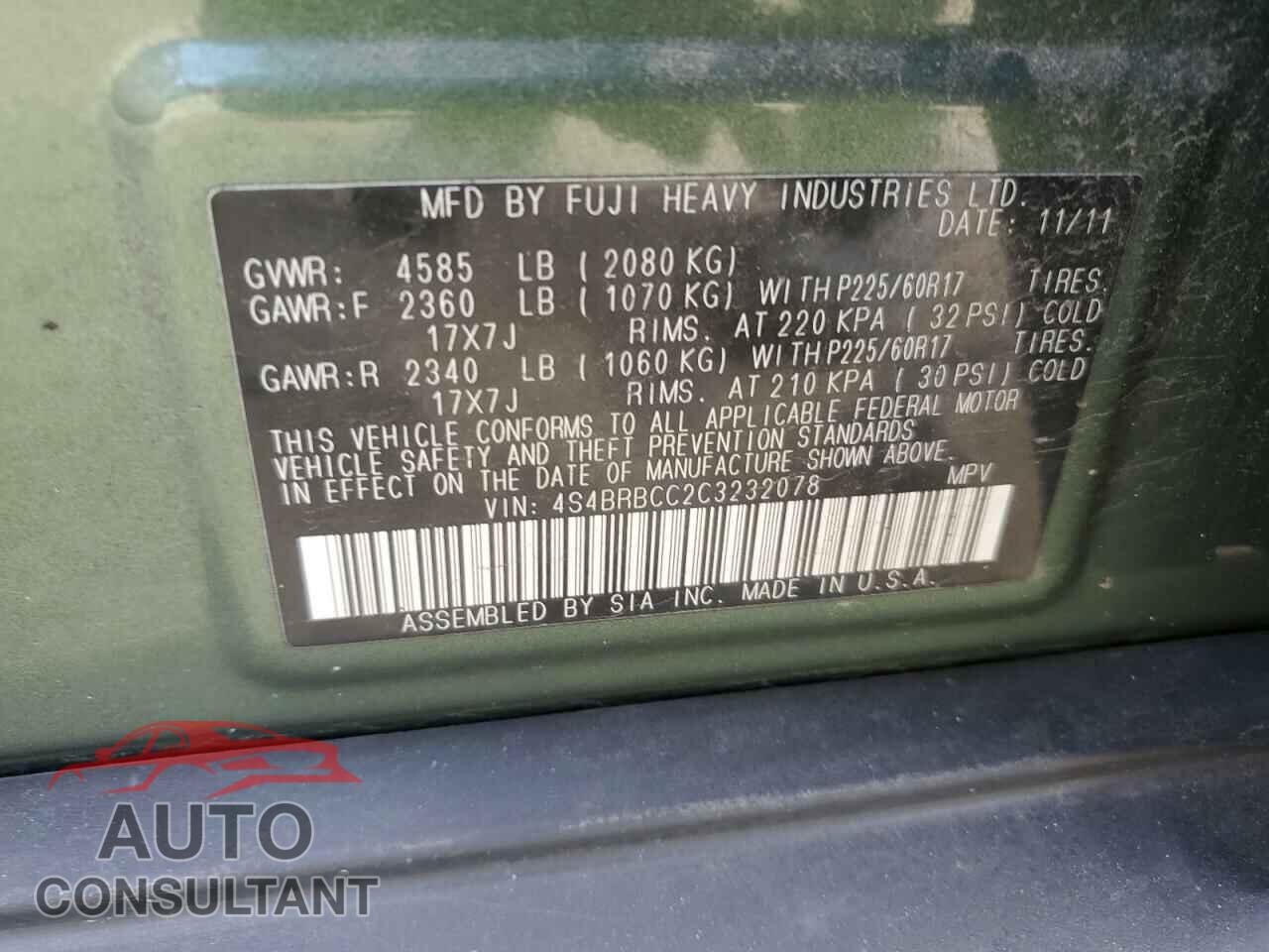 SUBARU OUTBACK 2012 - 4S4BRBCC2C3232078