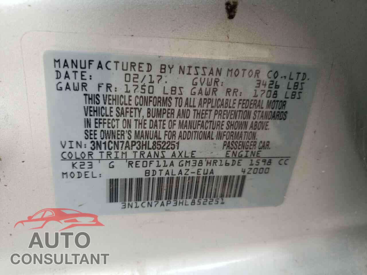 NISSAN VERSA 2017 - 3N1CN7AP3HL852251