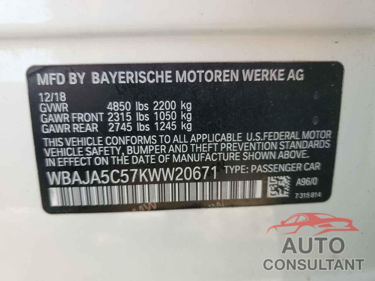 BMW 5 SERIES 2019 - WBAJA5C57KWW20671
