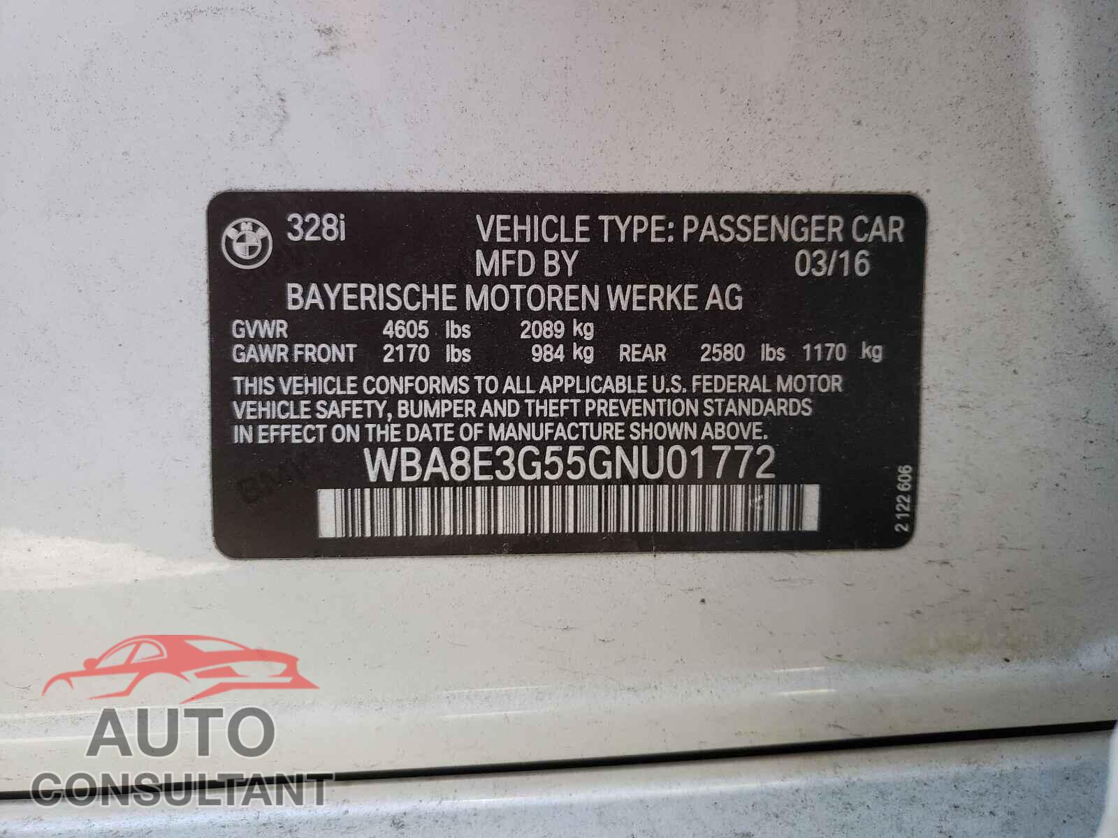 BMW 3 SERIES 2016 - WBA8E3G55GNU01772