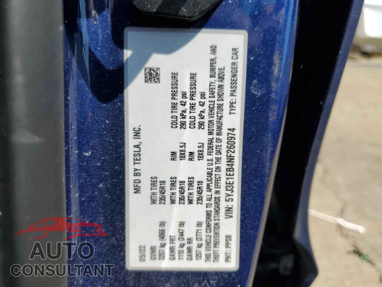 TESLA MODEL 3 2022 - 5YJ3E1EB4NF260974
