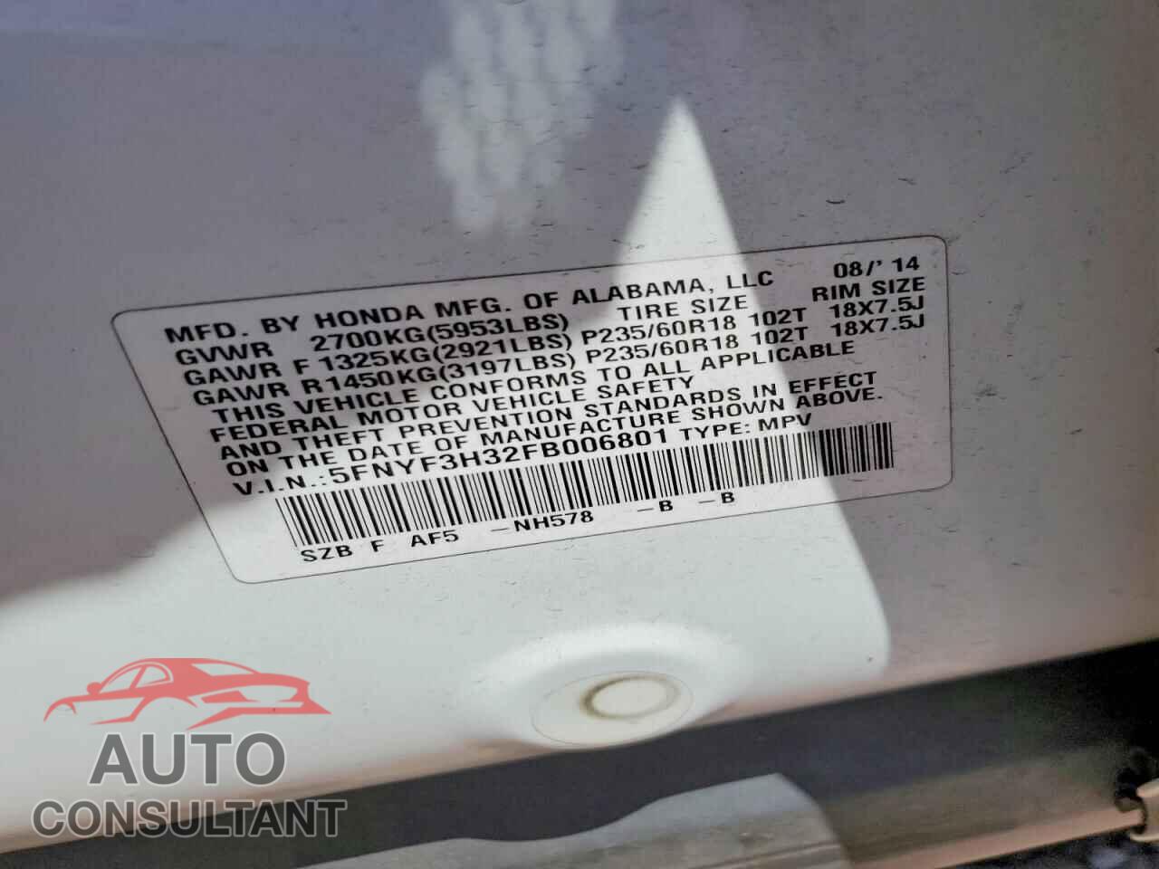 HONDA PILOT 2015 - 5FNYF3H32FB006801