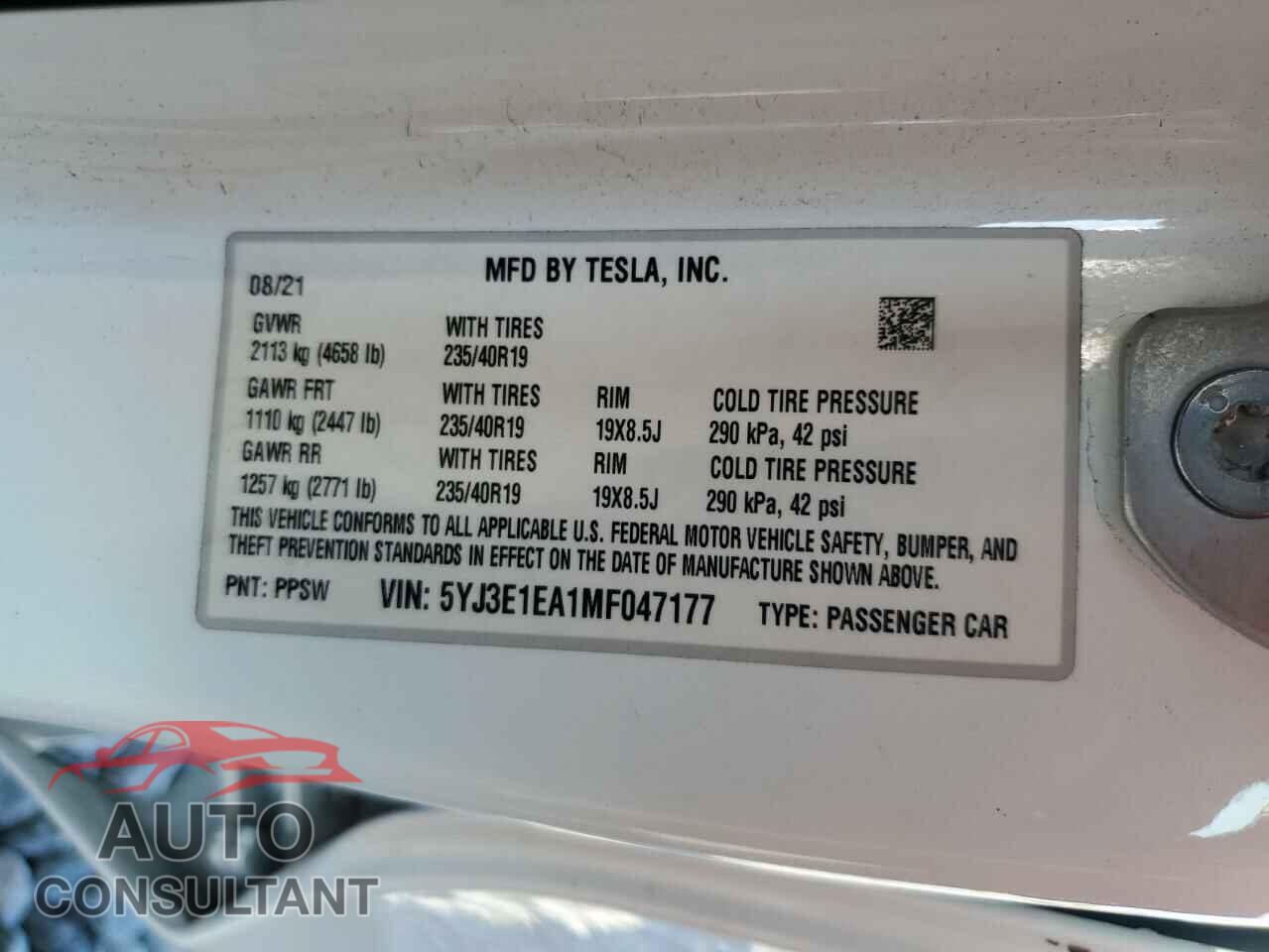 TESLA MODEL 3 2021 - 5YJ3E1EA1MF047177