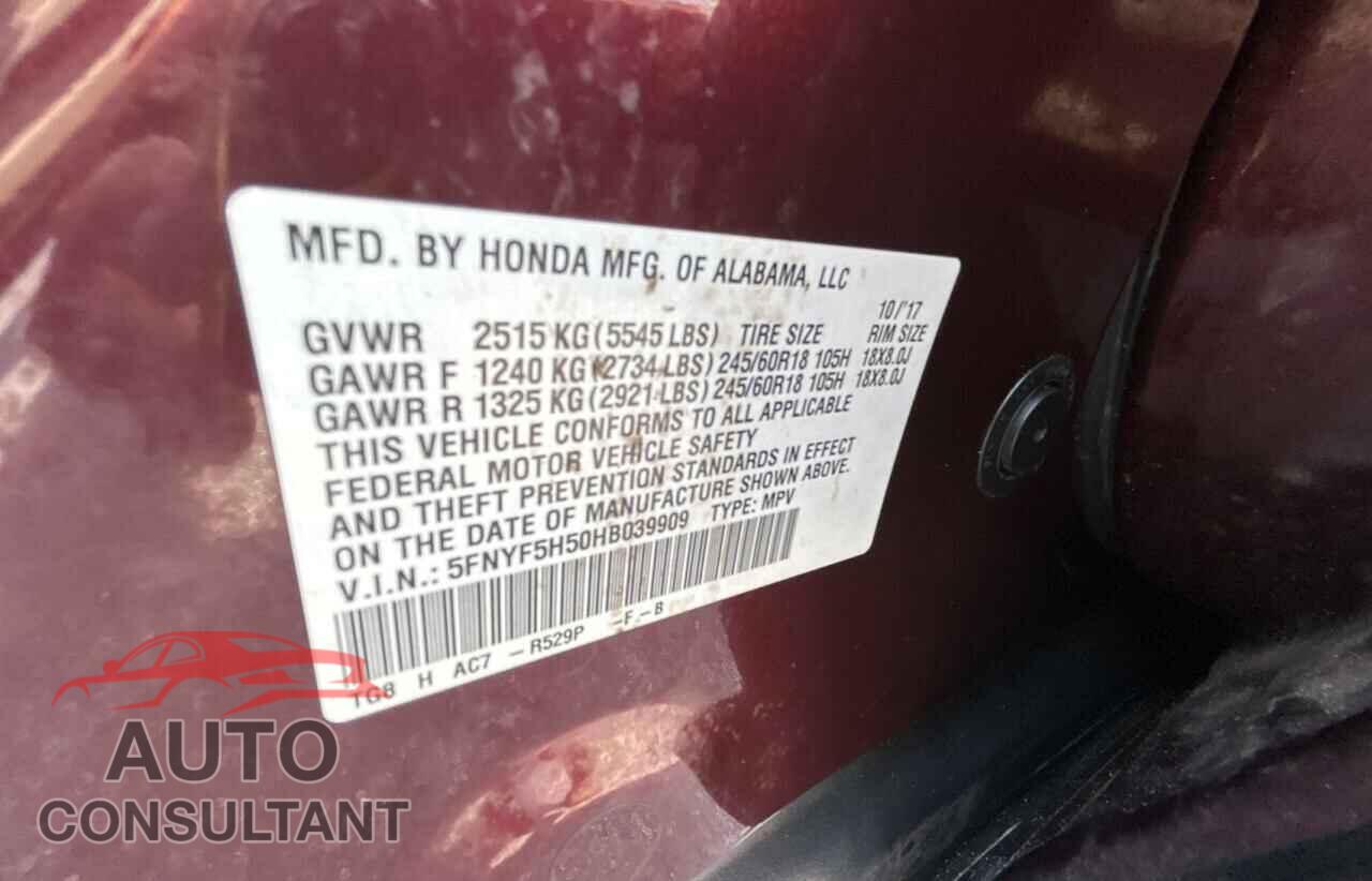 HONDA PILOT 2017 - 5FNYF5H50HB039909