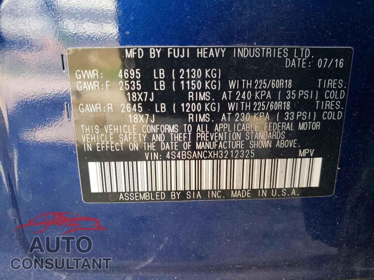 SUBARU OUTBACK 2017 - 4S4BSANCXH3212325