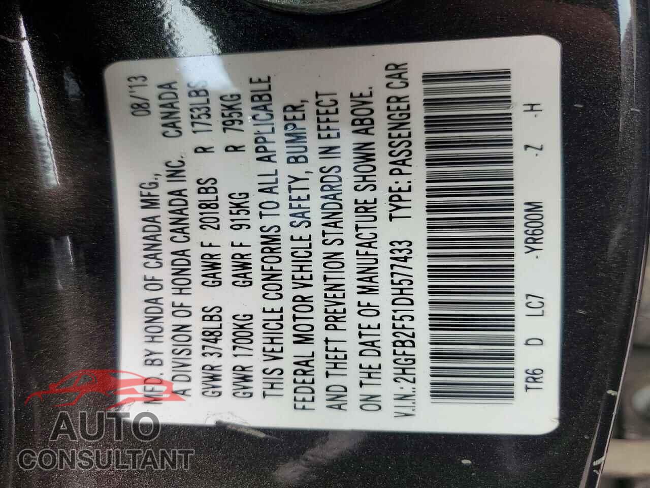 HONDA CIVIC 2013 - 2HGFB2F51DH577433