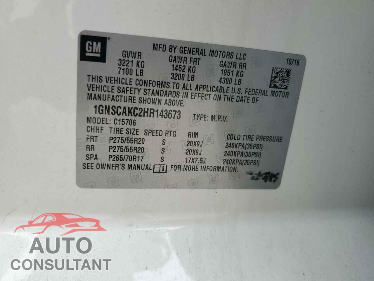 CHEVROLET TAHOE 2017 - 1GNSCAKC2HR143673