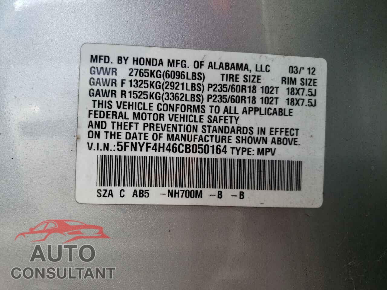 HONDA PILOT 2012 - 5FNYF4H46CB050164