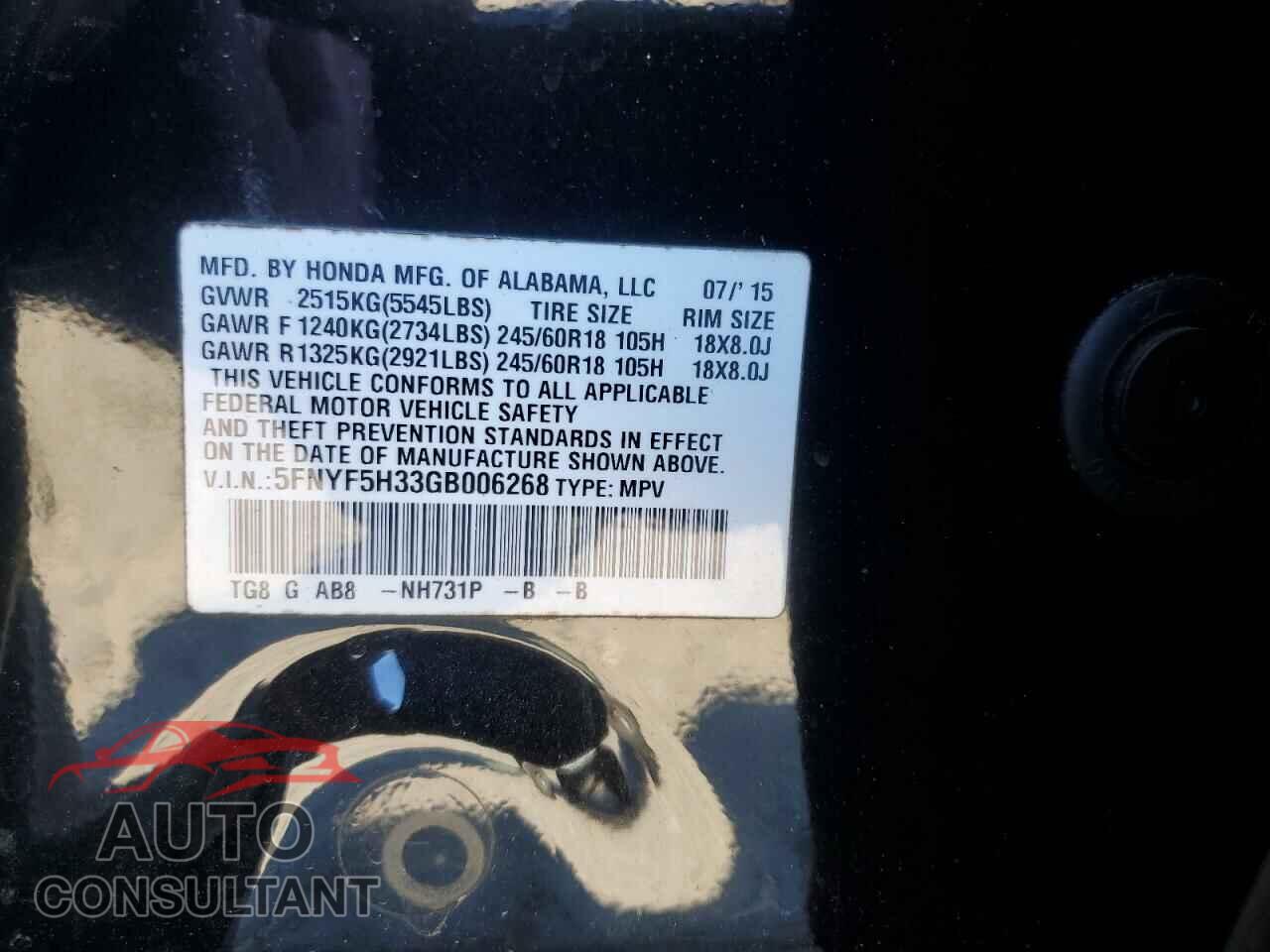 HONDA PILOT 2016 - 5FNYF5H33GB006268