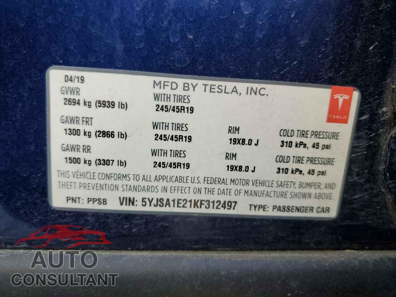 TESLA MODEL S 2019 - 5YJSA1E21KF312497