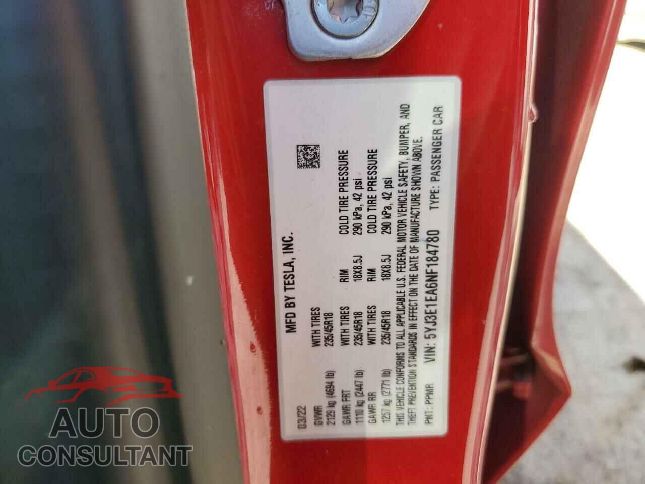 TESLA MODEL 3 2022 - 5YJ3E1EA6NF184780