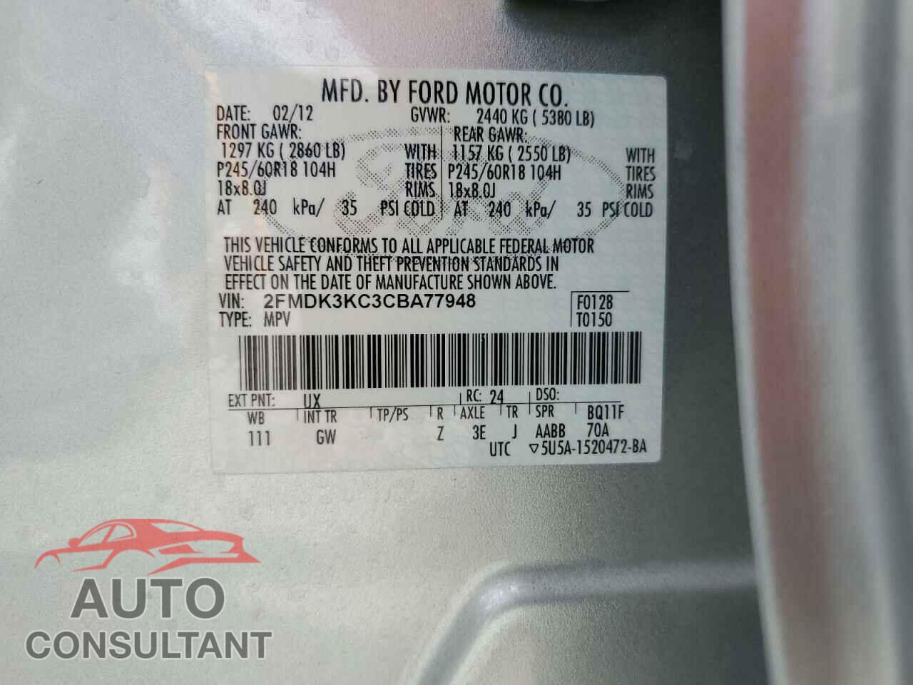 FORD EDGE 2012 - 2FMDK3KC3CBA77948